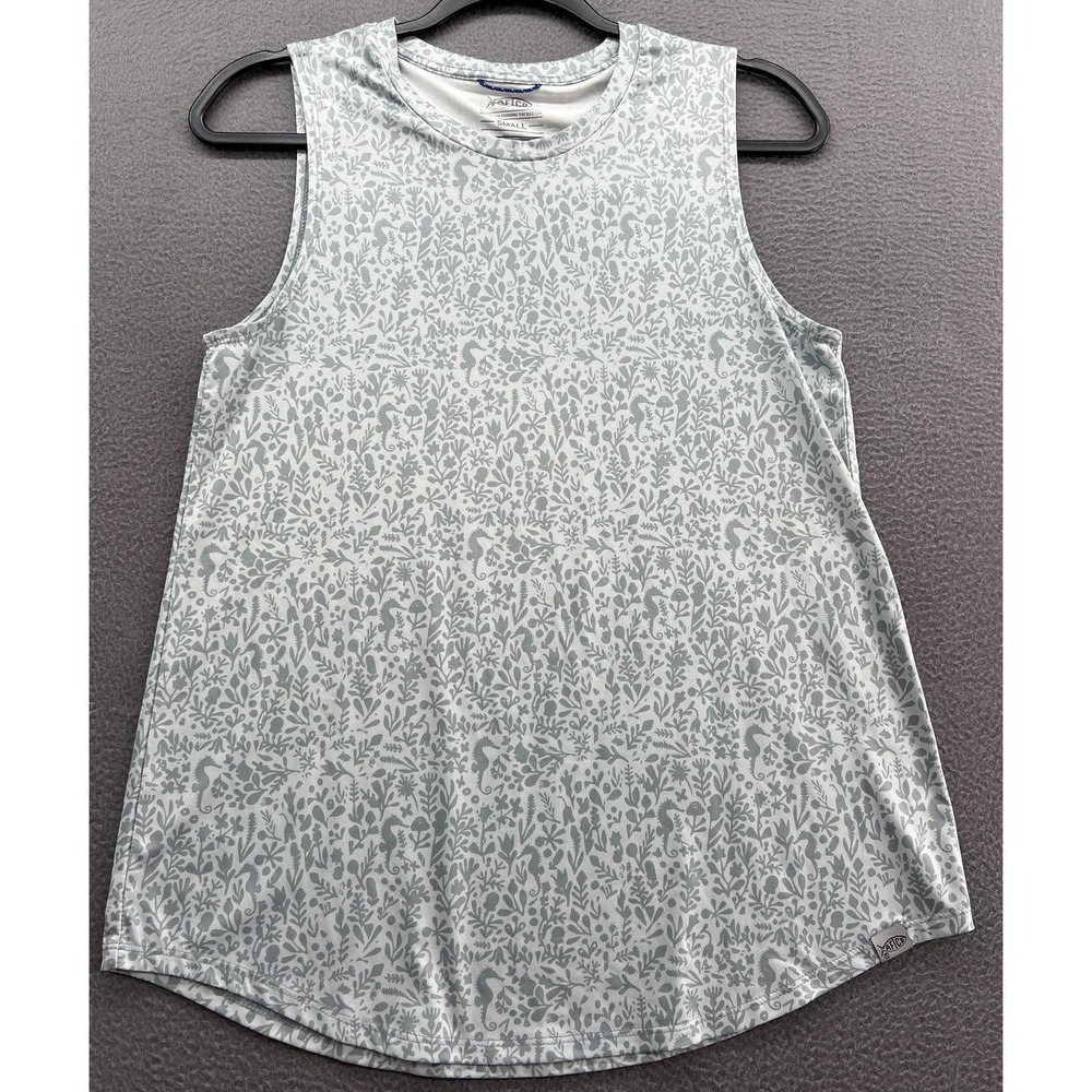 AFTCO Tank Top Womens Small Blue Seahorse Floral Fishing Sun Shirt Repreve
